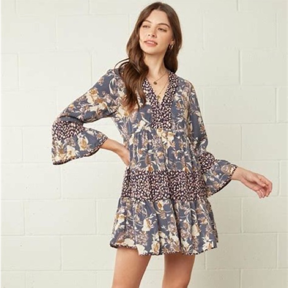 Entro Leopard/Floral Print Tiered Dress